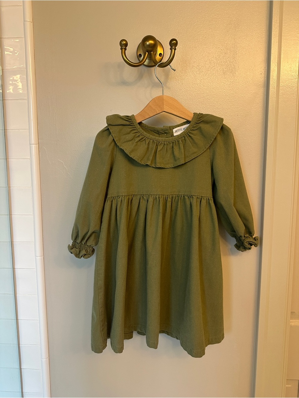 Olive Green Ruffle Collar Kids Dress